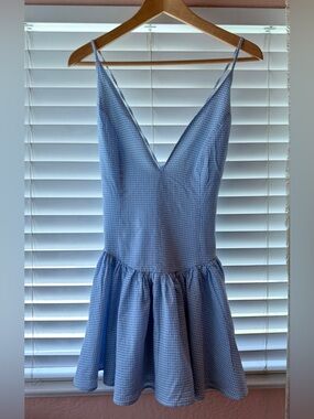Light Blue Gingham Spaghetti-Strap Mini Dress